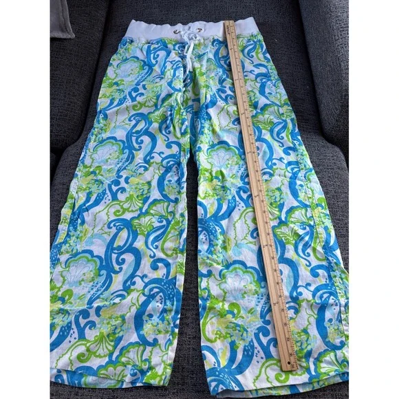 Lilly Pulitzer The Beach Pant Blue Green Shell Paisley Wide Leg Linen Blend M - Picture 9 of 11